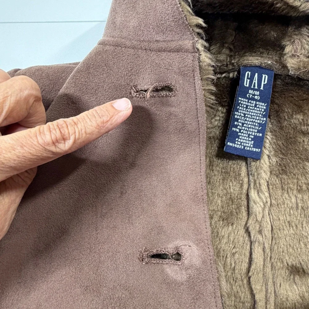 GAP Faux Shearling Hooded Coat Kids Size M 7-8 Brown Winter Jacket Faux Suede